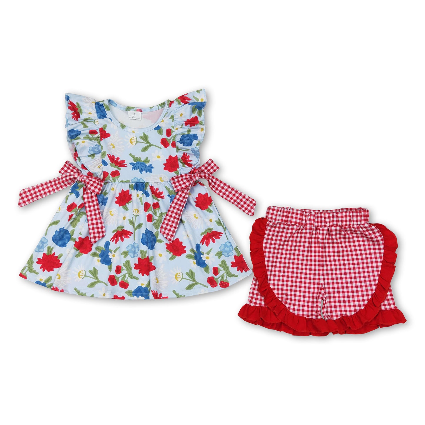Red blue floral tunic plaid shorts girls 4th of july outfits