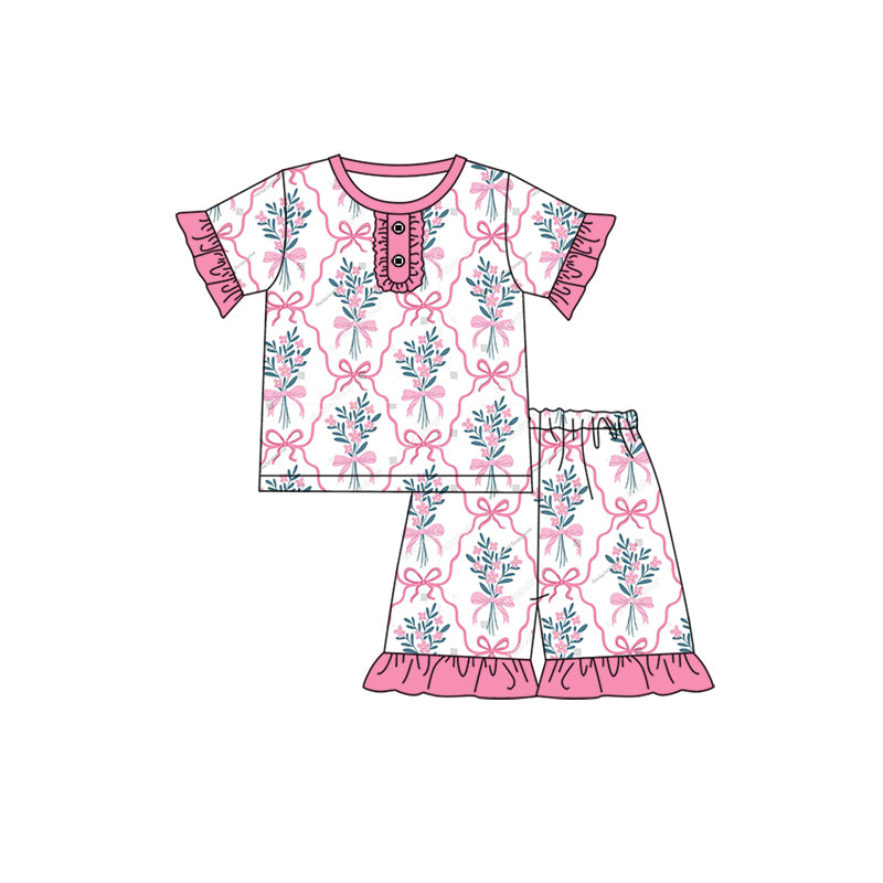 Pink ruffle short sleeves floral bow baby girls pajamas