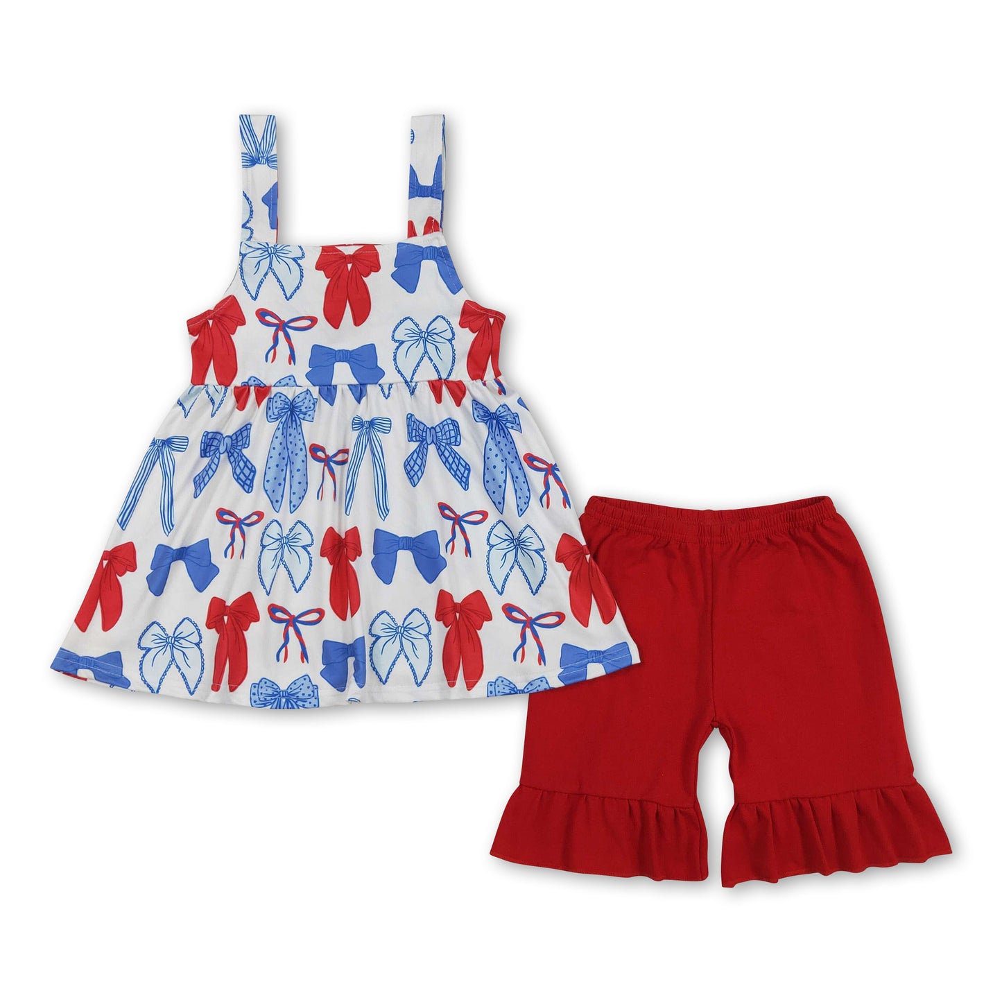 Straps red blue bow tunic shorts girls 4th of July outfits