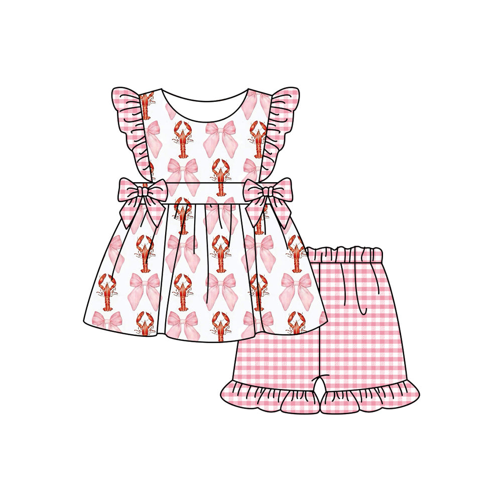 Flutter sleeves pink bow crawfish plaid kids girls clothes