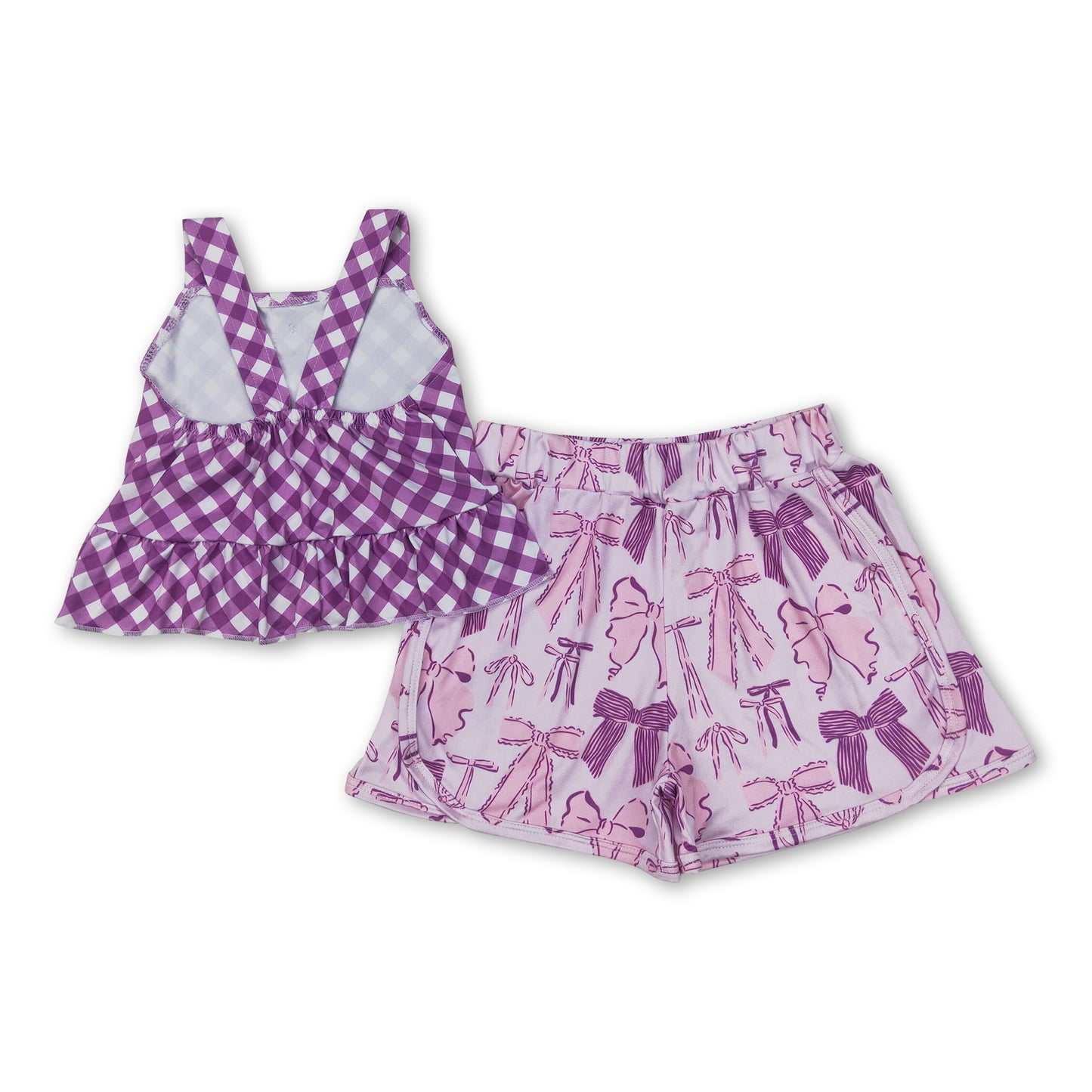 Purple plaid peplum bow shorts kids girls summer outfits