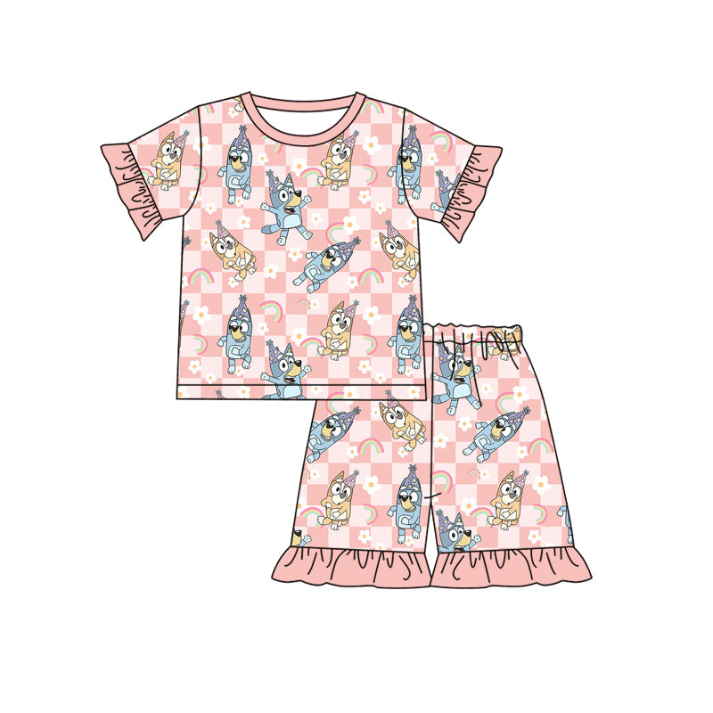 Short sleeves floral dog plaid Happy Birthday girls pajamas