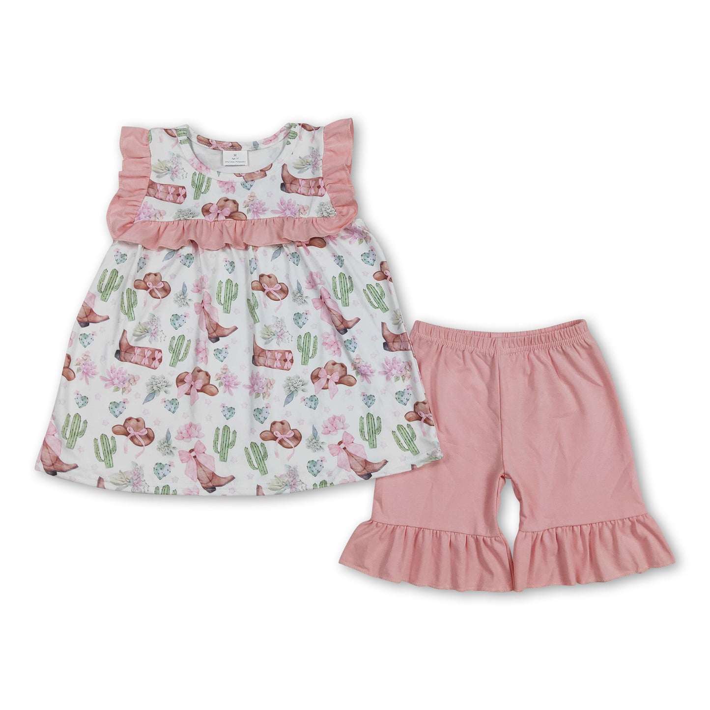 Pink ruffle cactus boots hat western girls clothing set