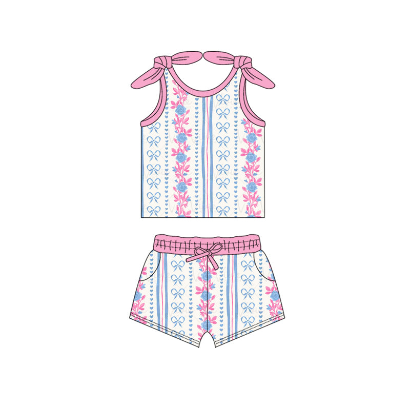 Sleeveless pink blue floral bow baby girls summer outfits