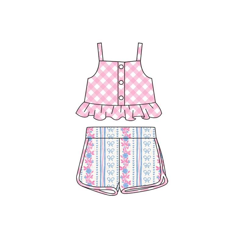 Pink plaid straps top floral bow shorts girls clothing set