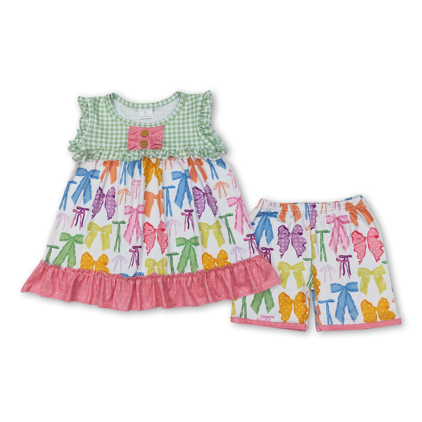 Sleeveless plaid bow tunic shorts girls clothing set