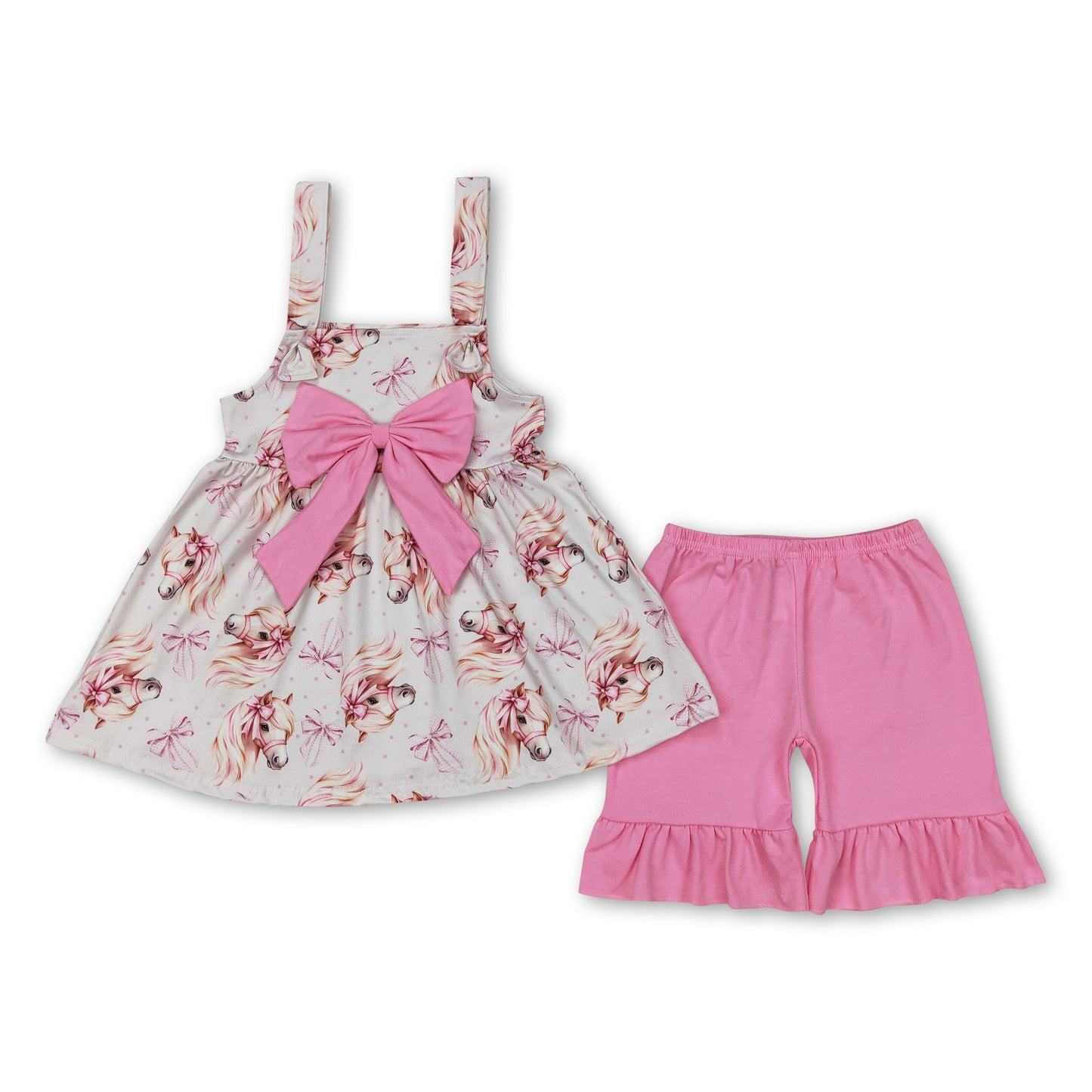 Pink bow straps unicorn tunic shorts girls summer outfits