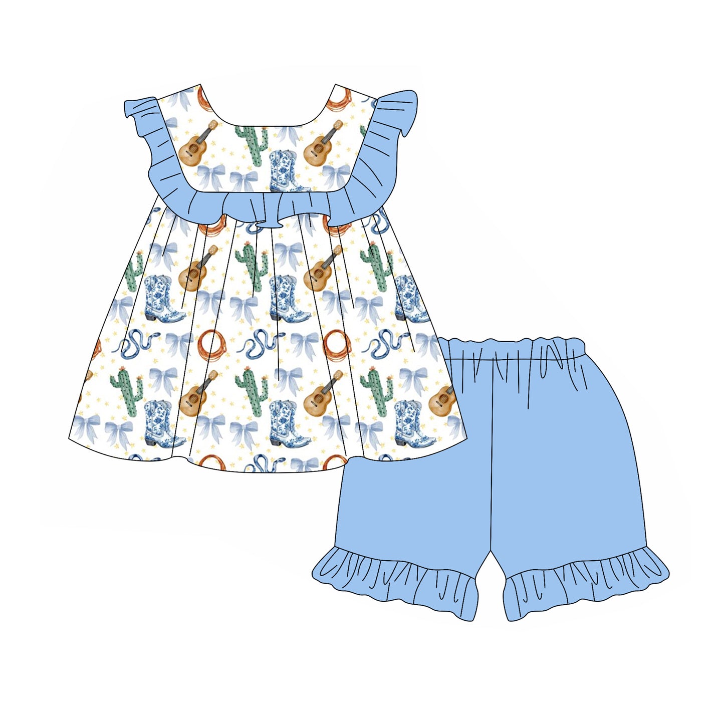 Light blue ruffle cactus boots bow western girls clothes