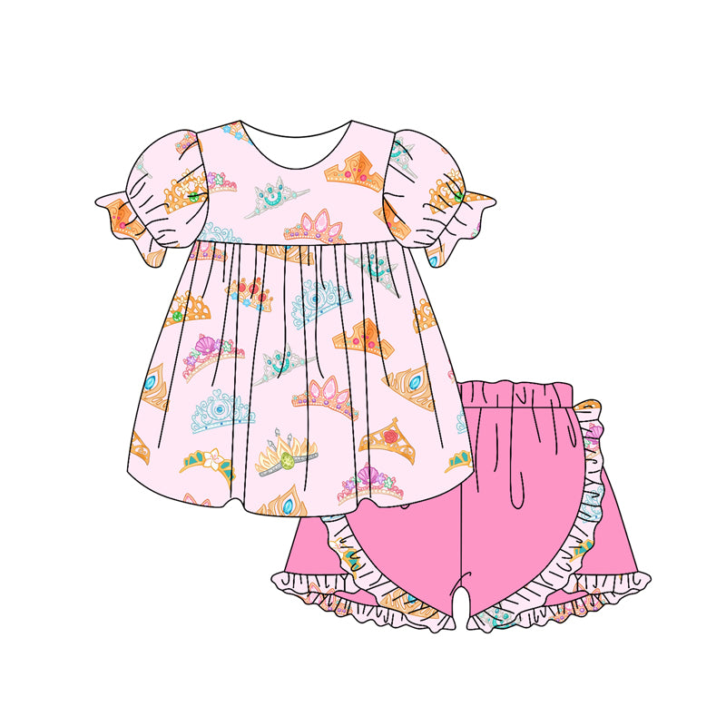 Short sleeves crown tunic ruffle shorts girls clothes