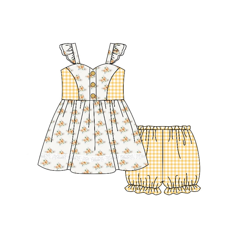 Flutter sleeves yellow plaid floral baby girls clothing set