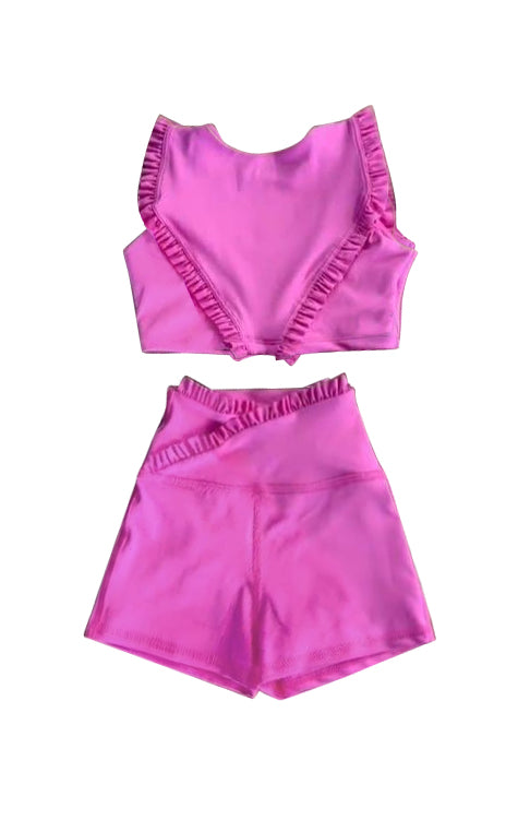 Pink ruffle crop top shorts girls yoga outfits