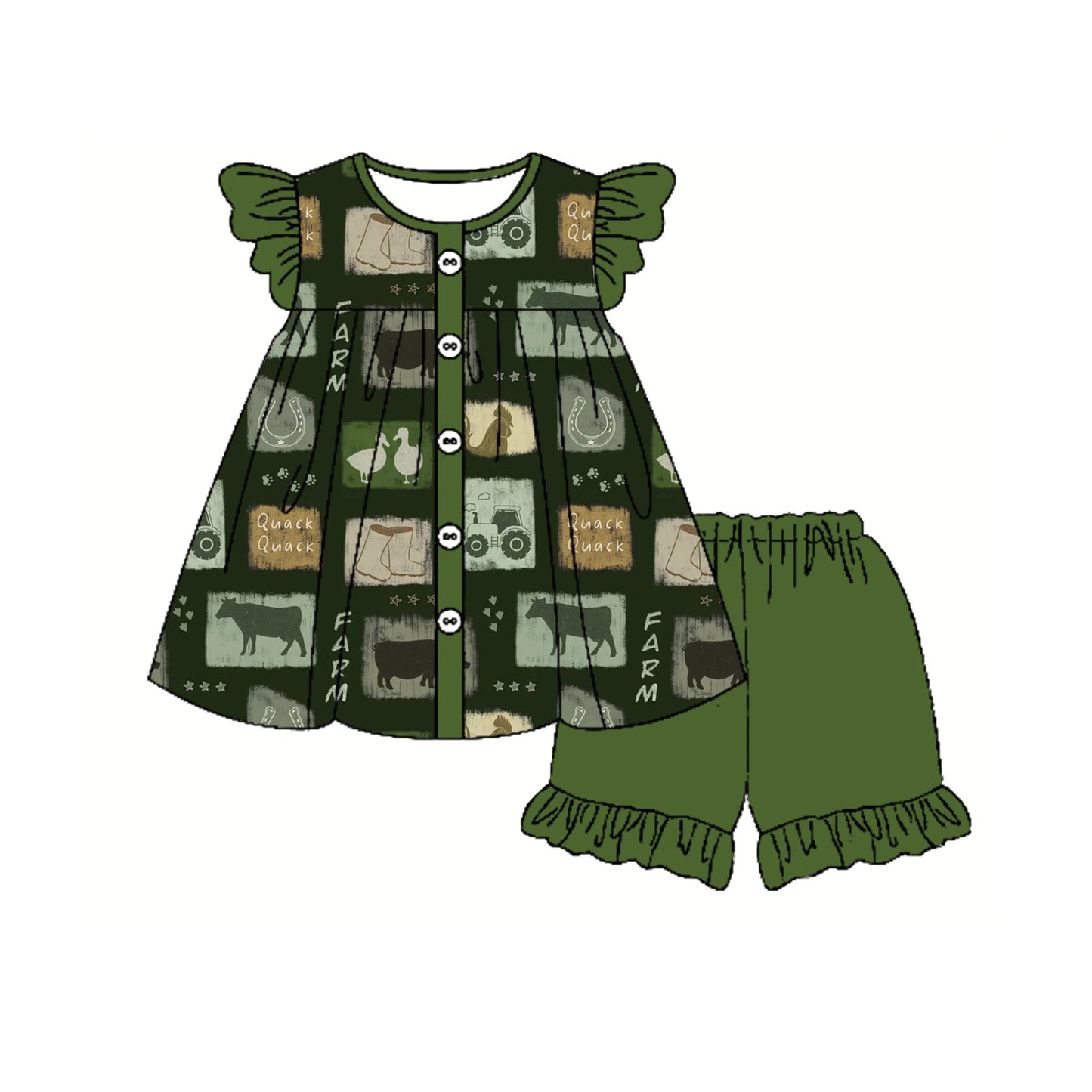 Flutter sleeves cow tractor tunic shorts farm girls outfits