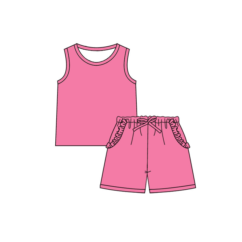 Pink sleeveless top ruffle pockets shorts girls summer clothes
