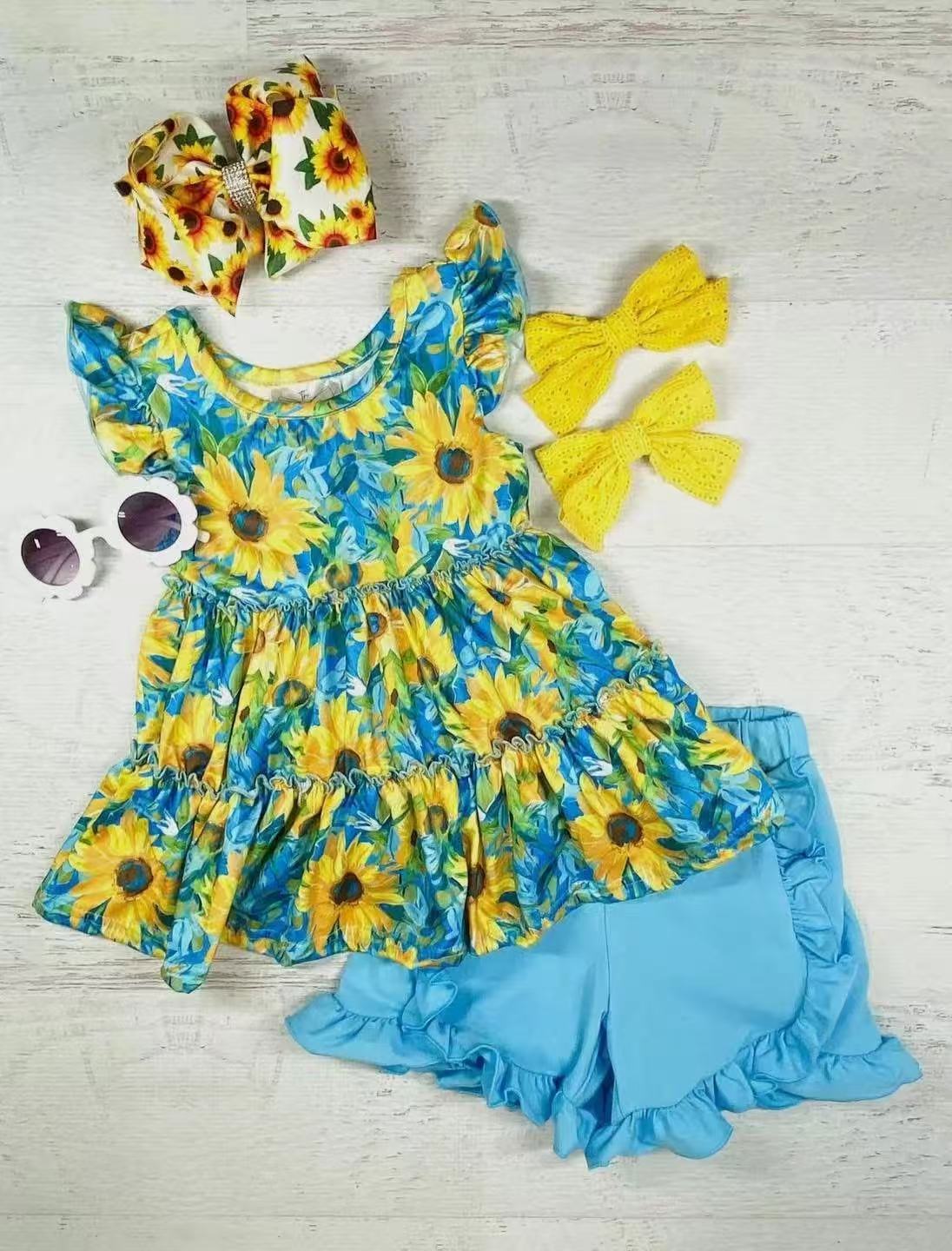 Flutter sleeves sunflower tunic aqua shorts girls clothes