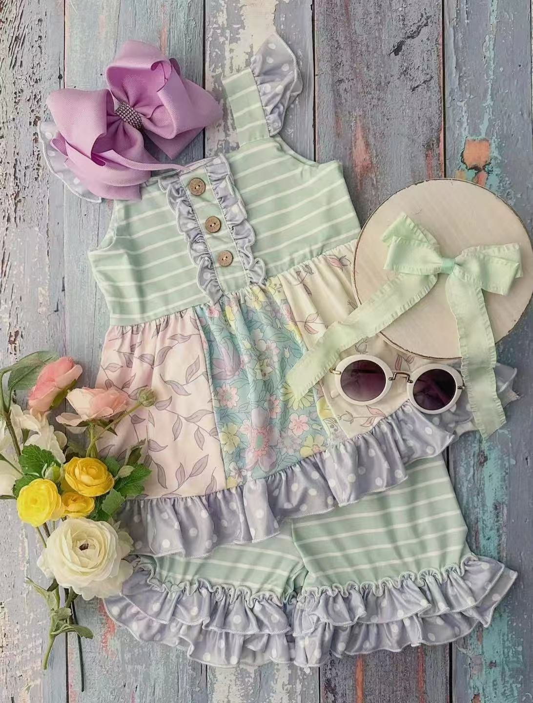 Flutter sleeves stripe floral patchwork girls clothing set