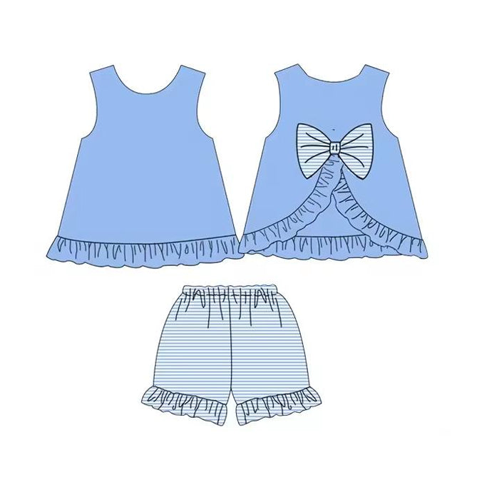 Light blue sleeveless bow tunic stripe shorts girls clothes