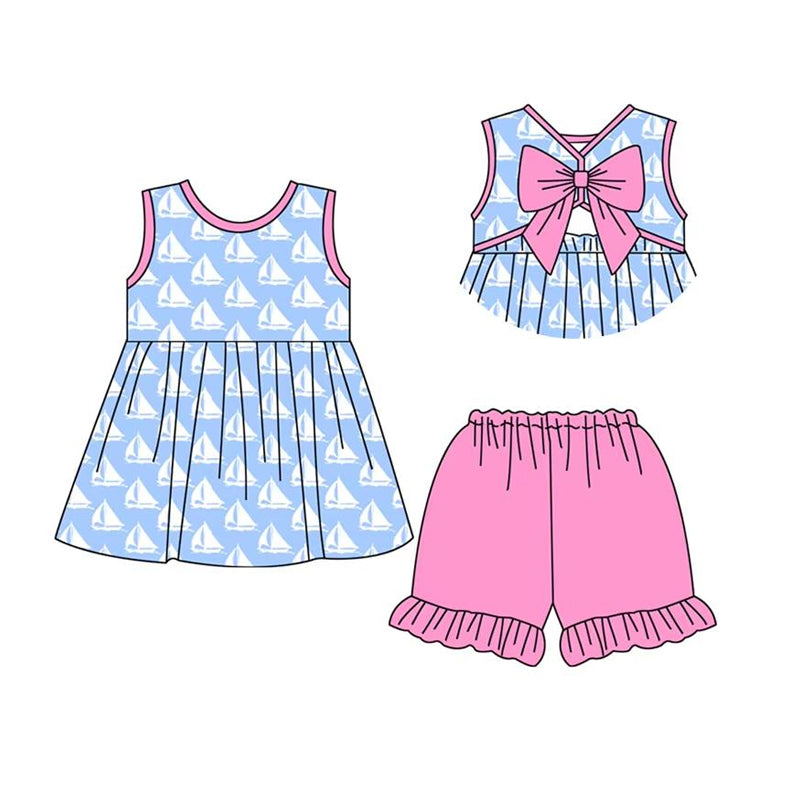 Sleeveless boat bow tunic ruffle shorts girls summer clothes