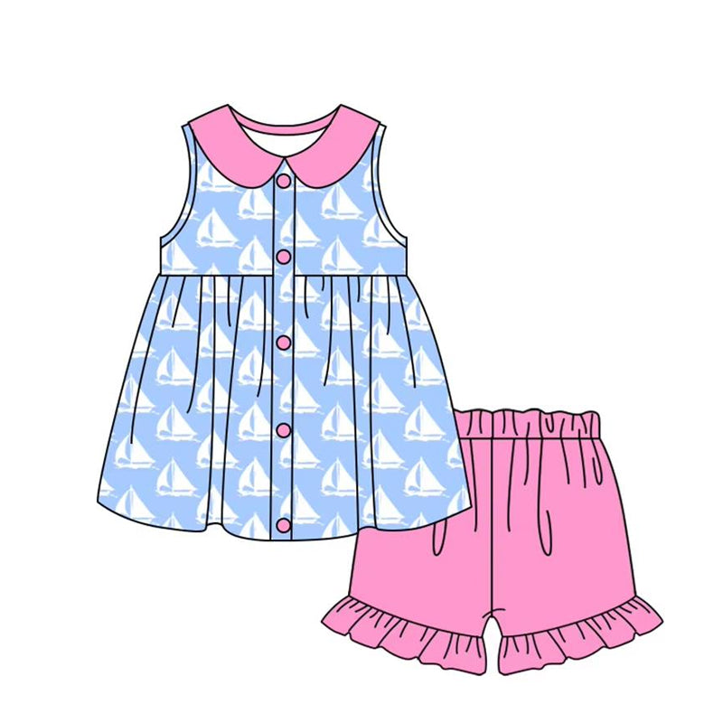 Sleeveless boat button tunic shorts girls summer clothes