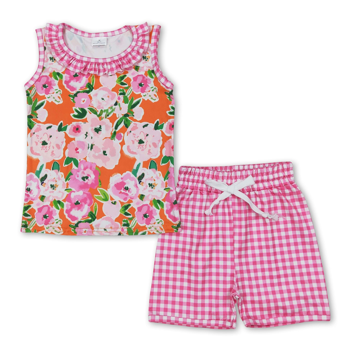 Sleeveless floral top pink plaid shorts girls summer clothes