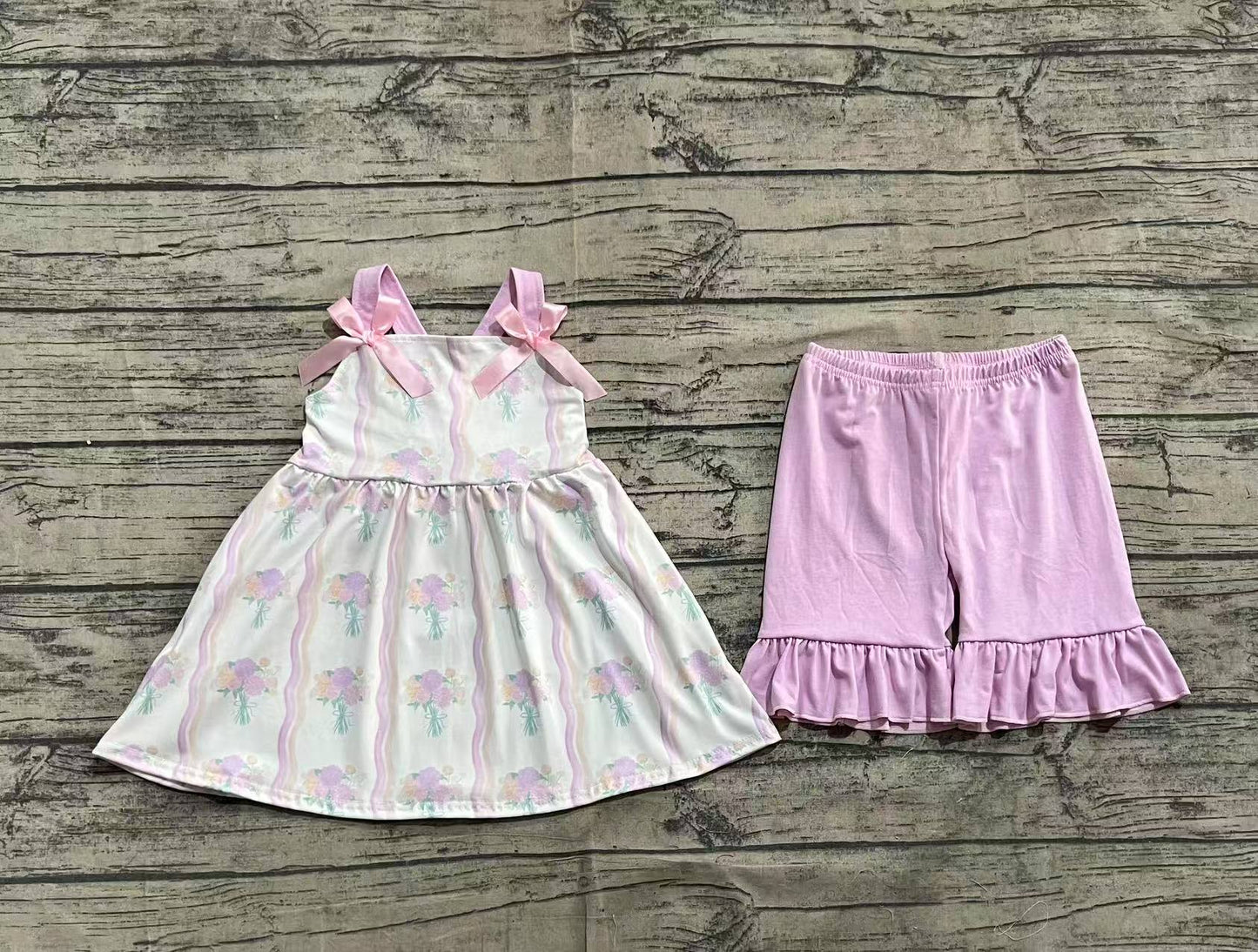 Straps bow floral tunic ruffle shorts girls outfits