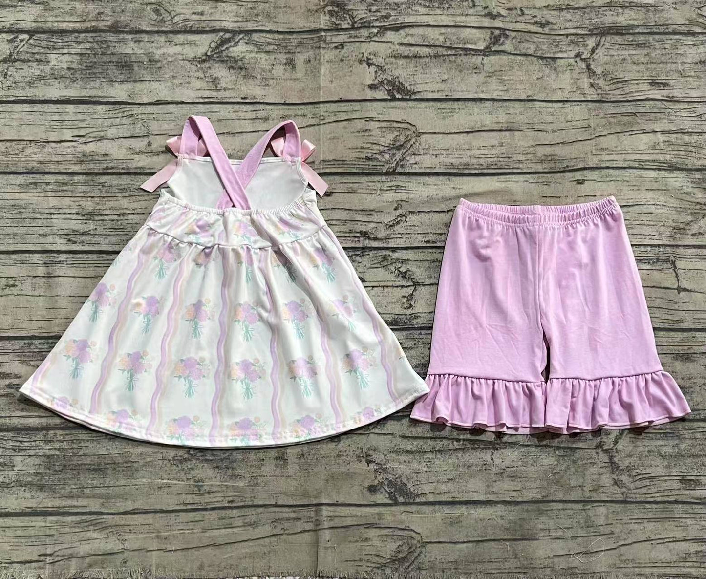 Straps bow floral tunic ruffle shorts girls outfits