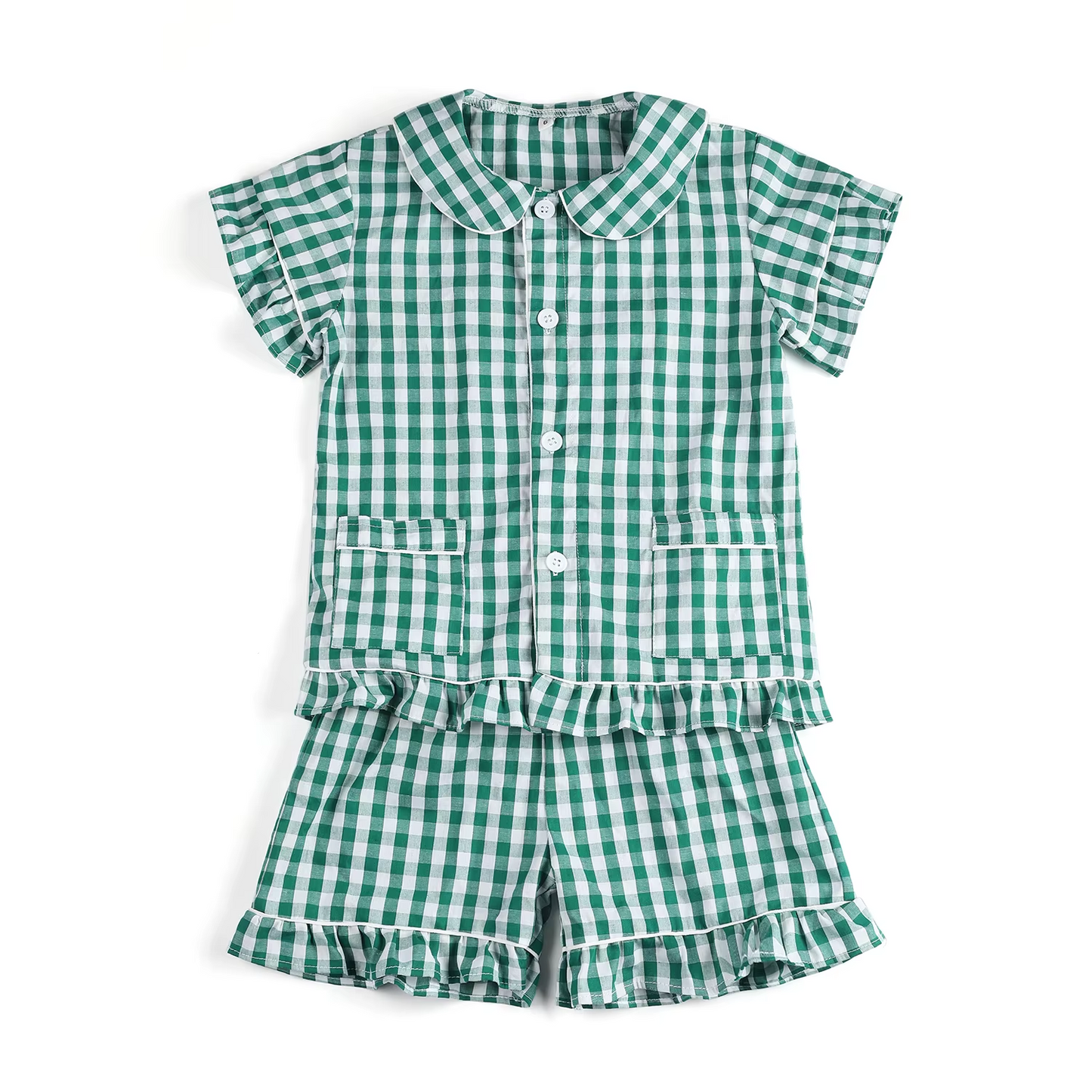 Green plaid ruffle pockets girls summer button down pajamas