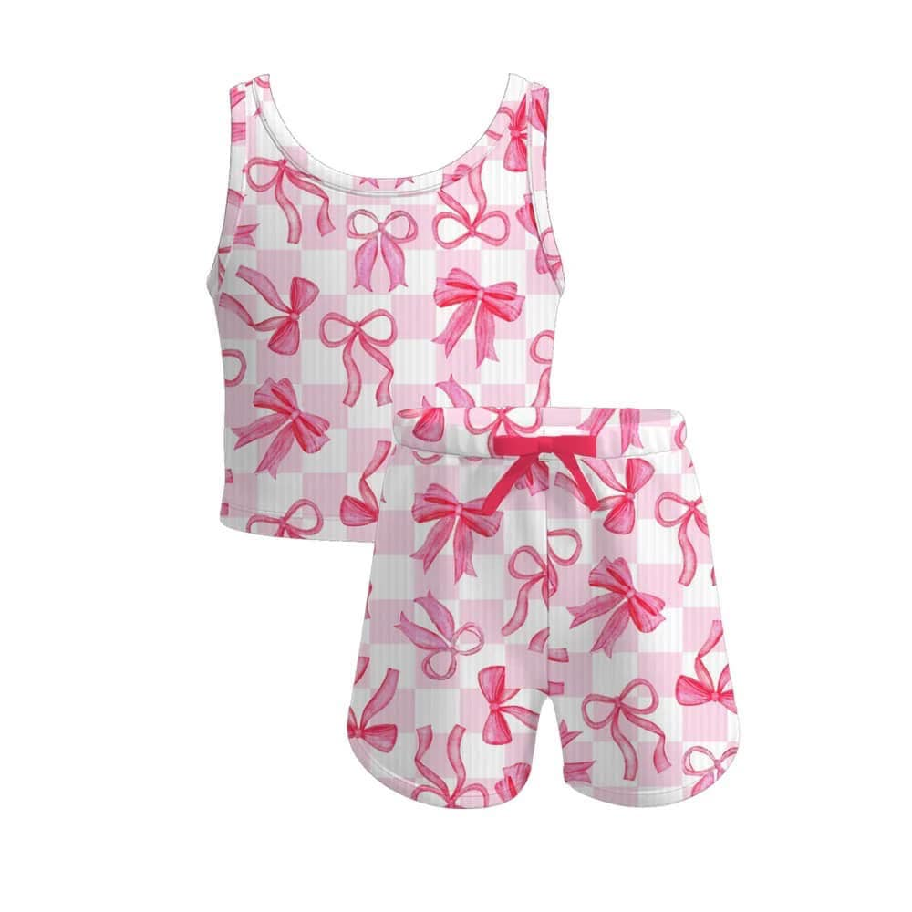 Sleeveless pink bow plaid kids girls summer clothes