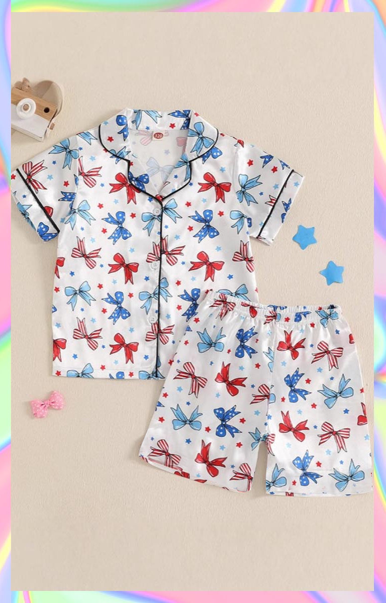 Short sleeves blue red bow kids girls 4th of july pajamas