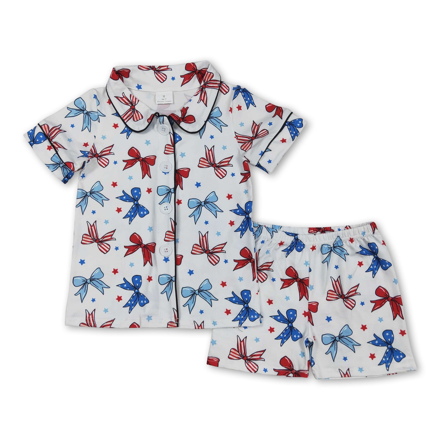 Short sleeves blue red bow kids girls 4th of july pajamas