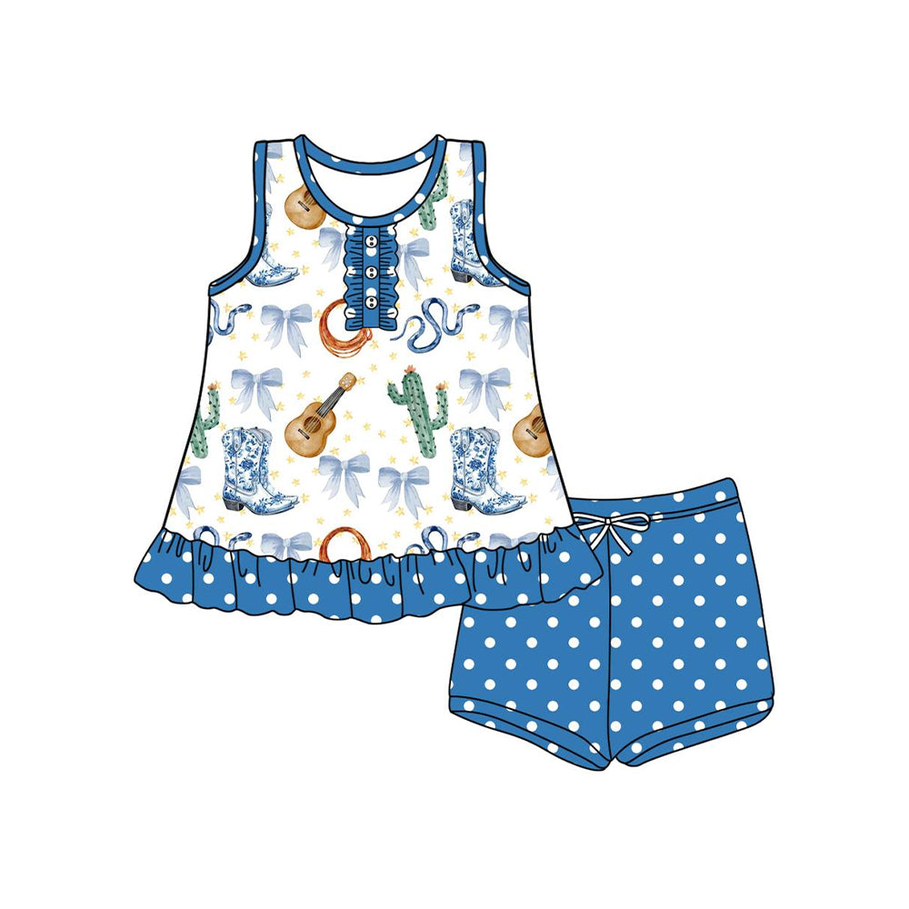 Sleeveless bow boots guitar kids girls western outfits