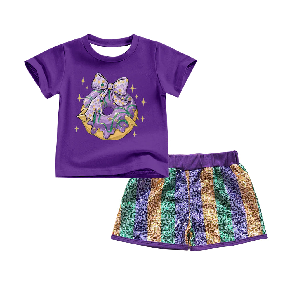 Short sleeves purple snack donut kids girl summer outfits