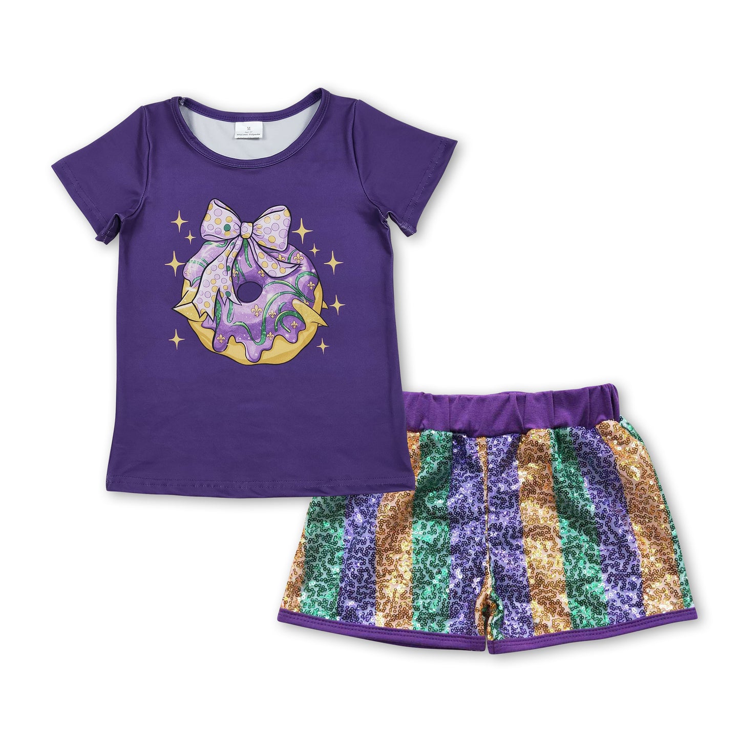 Bow donut top stripe sequin shorts girls Mardi Gras clothes