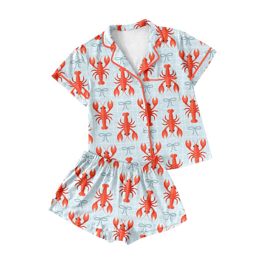 blue plaid red crab short sleeves adult women summer set