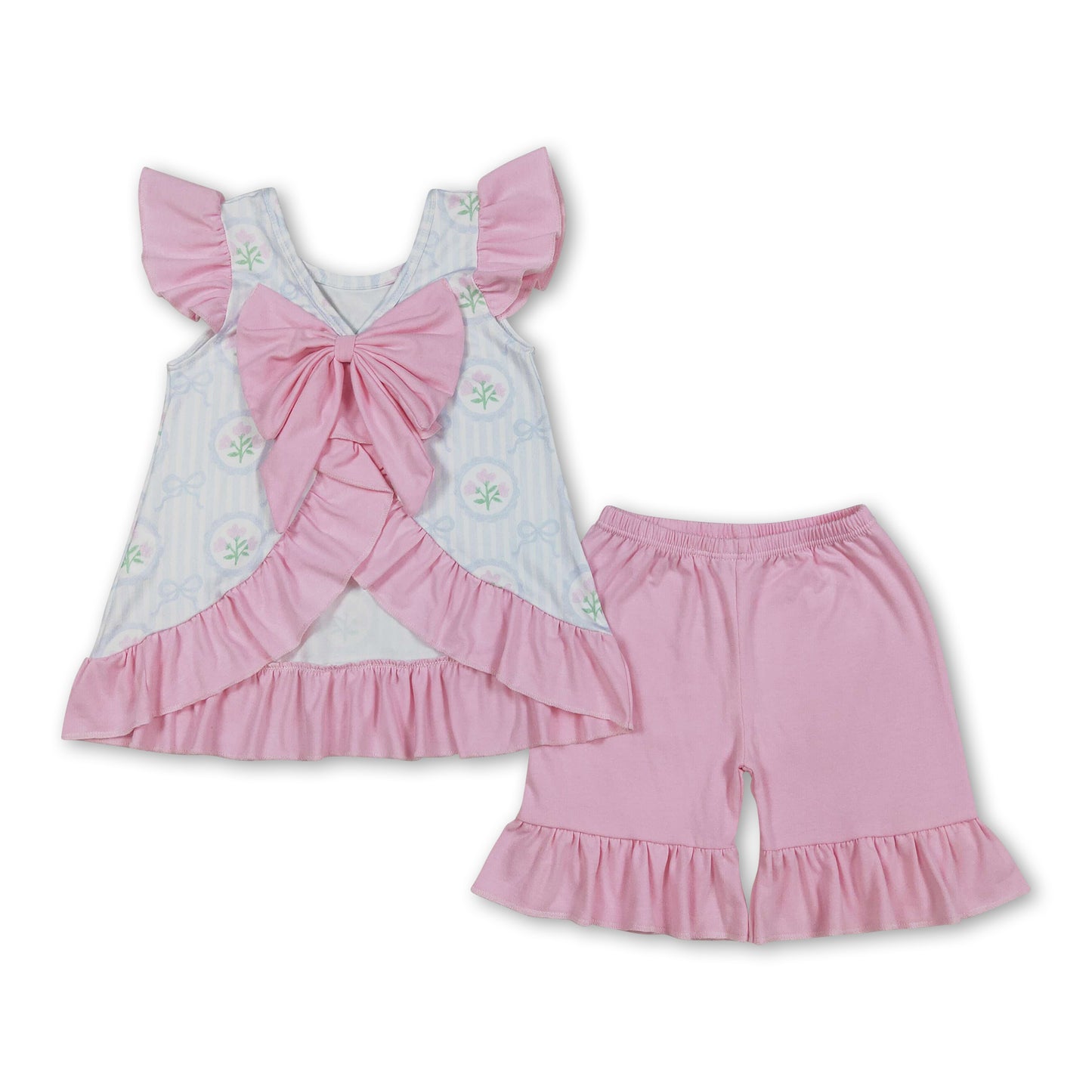 Flutter sleeves stripe bow floral top shorts girls clothes