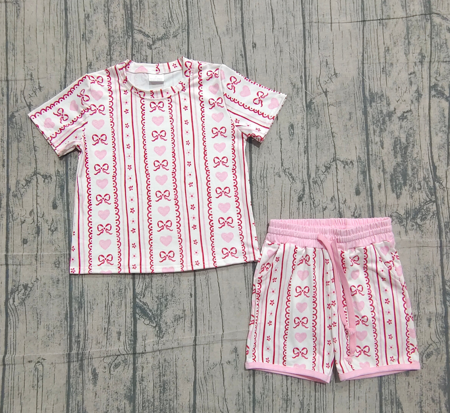 Pink heart bow floral top shorts girls Valentine's outfits