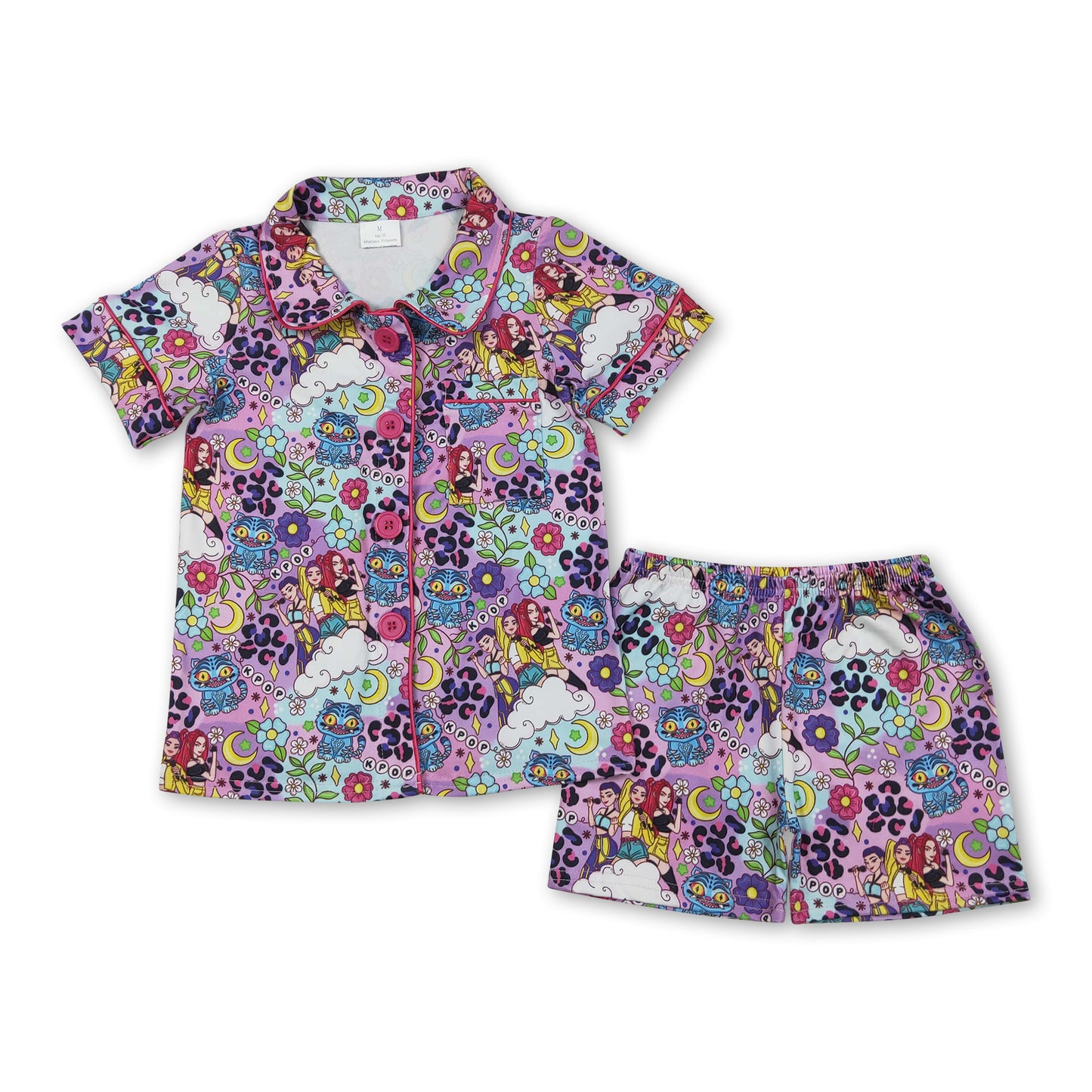 Colorful leopard floral music top shorts girls button down pajamas