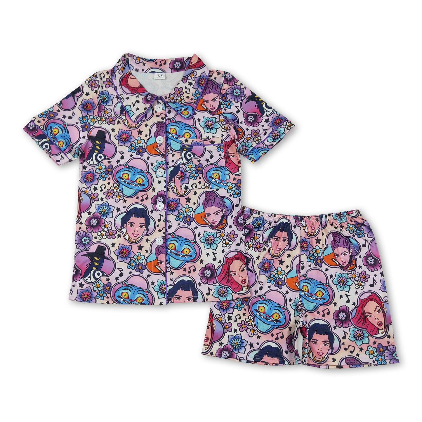 Purple floral music top shorts women button down pajamas