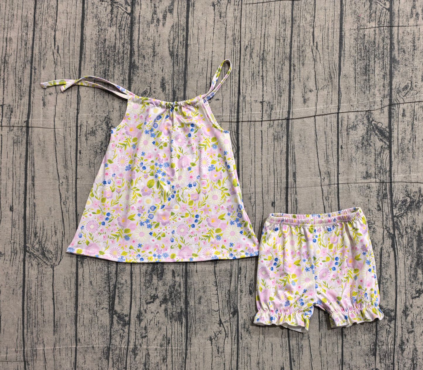 Pink blue floral top ruffle shorts kids girls outfits
