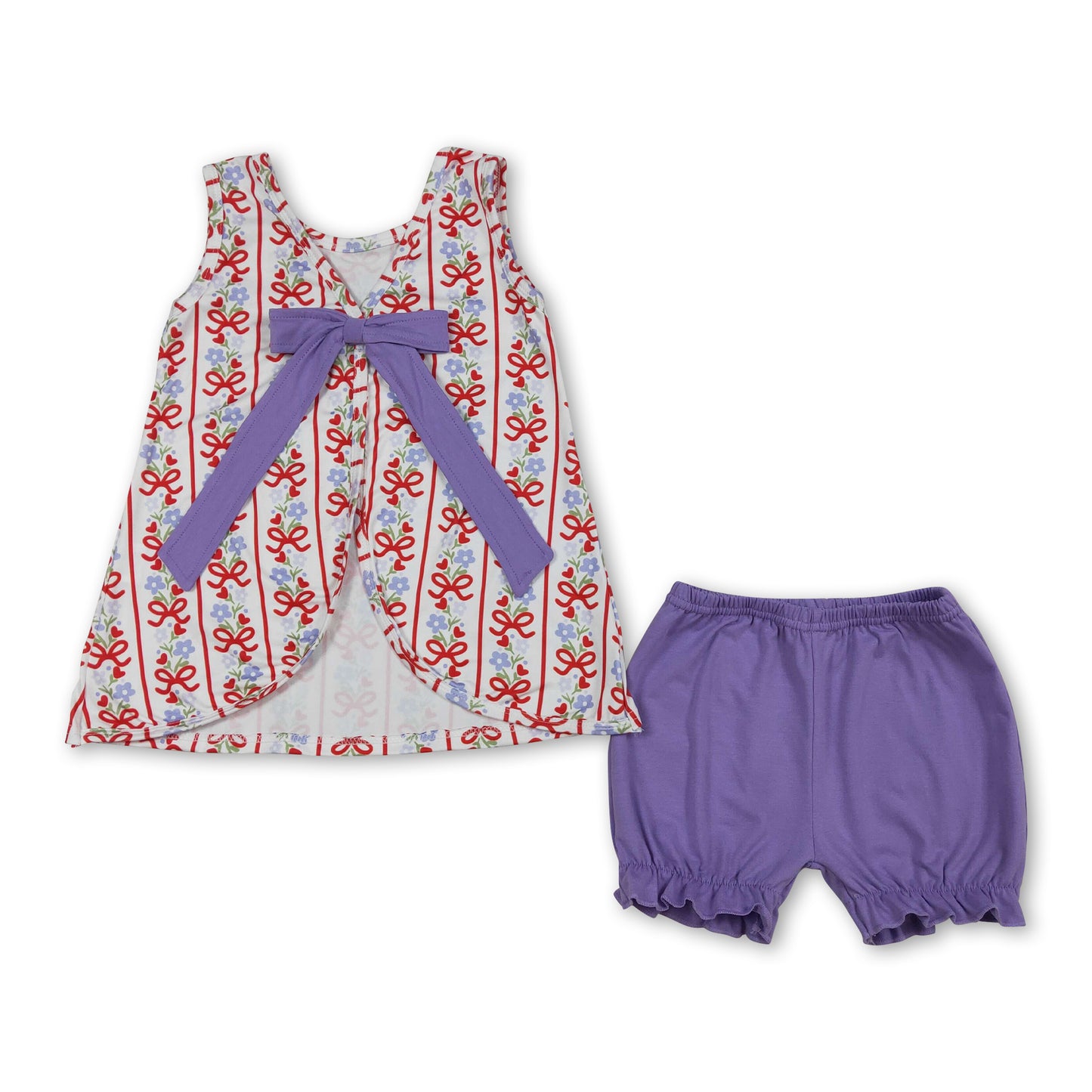Sleeveless floral bow tunic purple shorts girls outfits