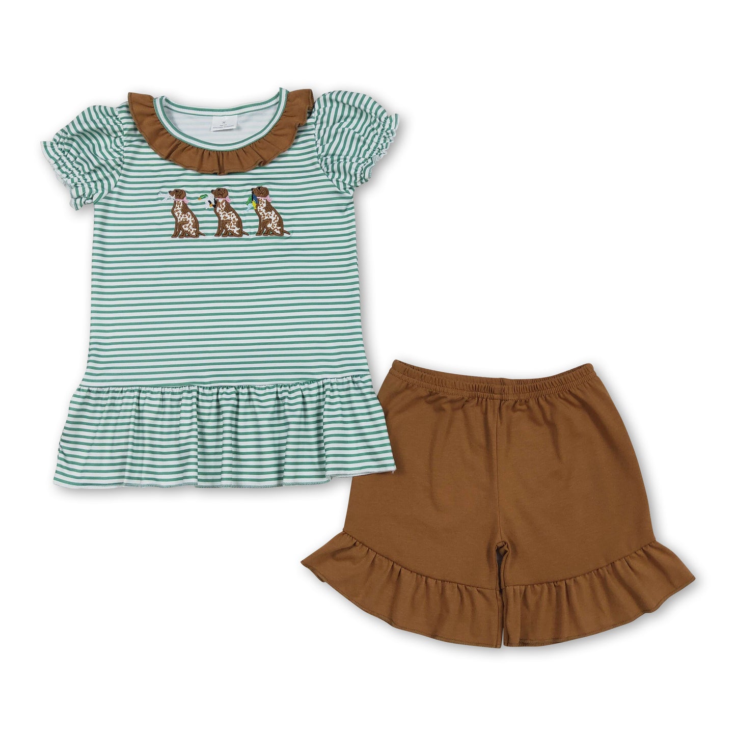 Green stripe dog duck top ruffle shorts hunting girls outfits