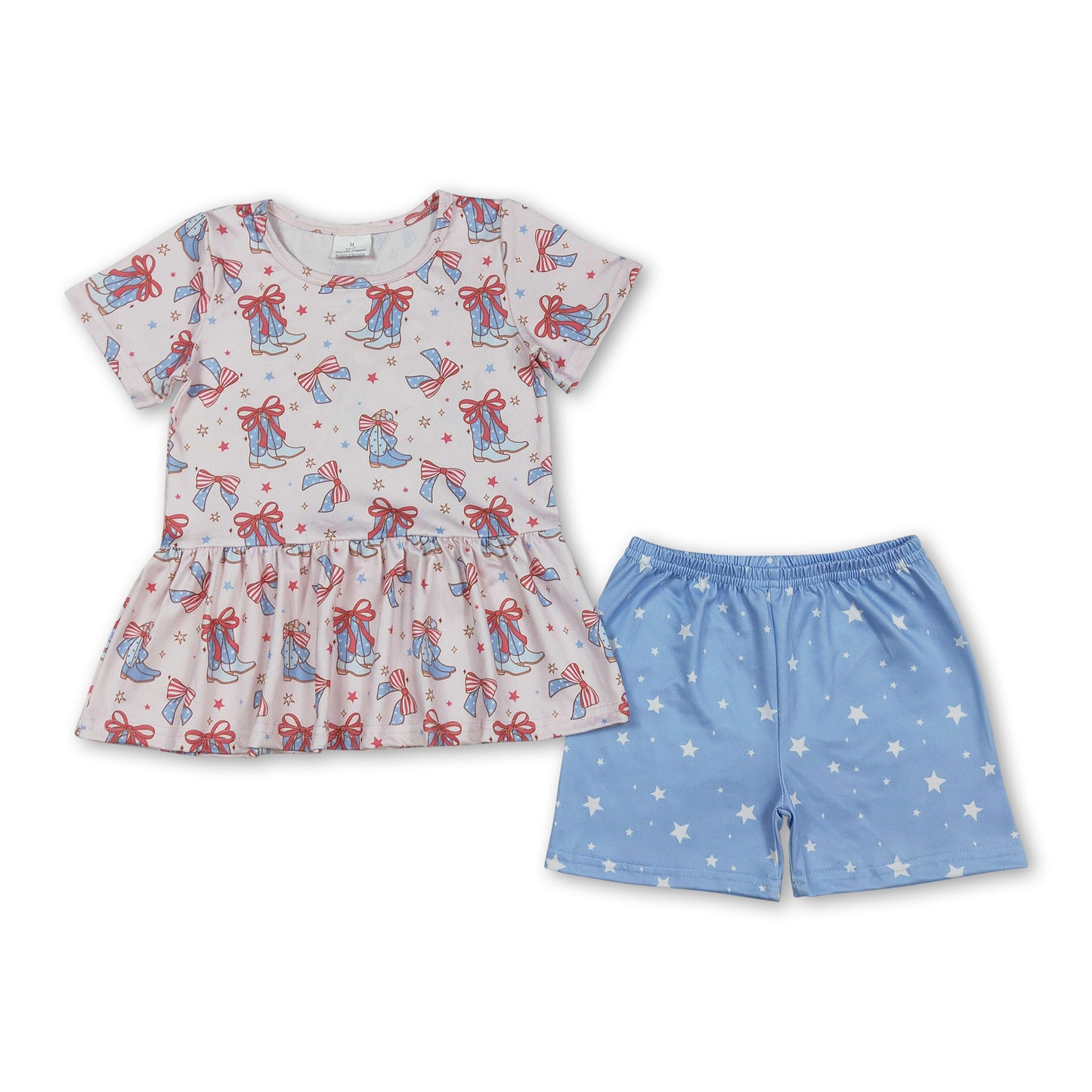 Short sleeves boots bow peplum shorts girls 4th of july set