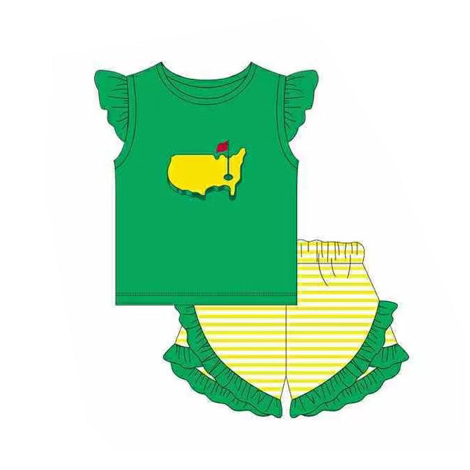 Flutter sleeves green golf top stripe shorts girls outfits