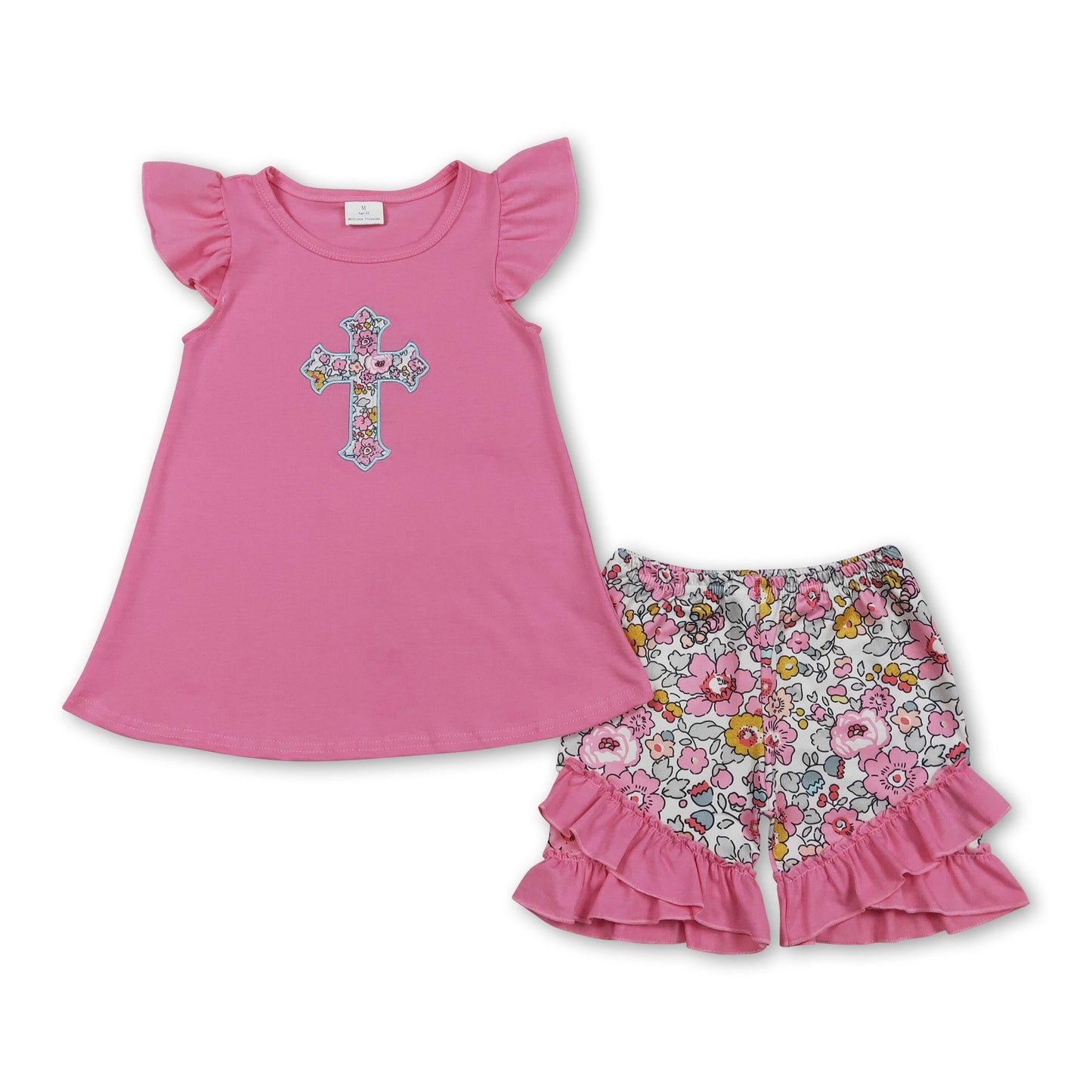 Flutter sleeves floral cross embroidery girls Easter outfits