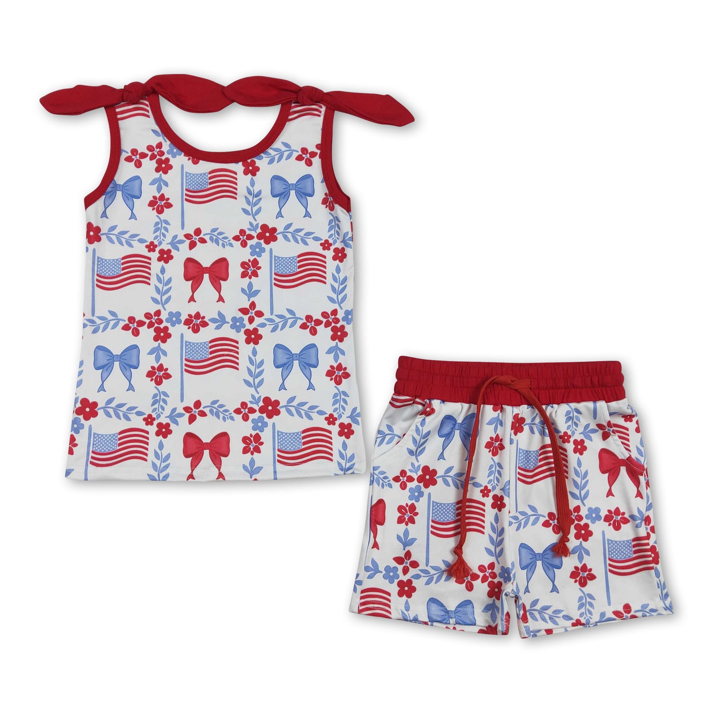Sleeveless floral bow flag top shorts girls 4th of july outfits