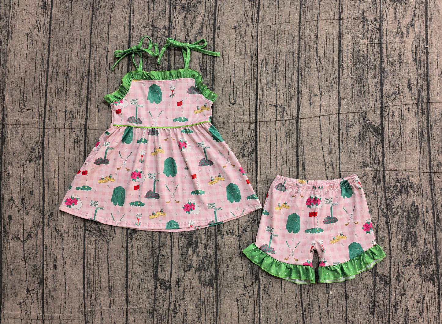 Straps pink plaid golf tunic shorts girls clothing set