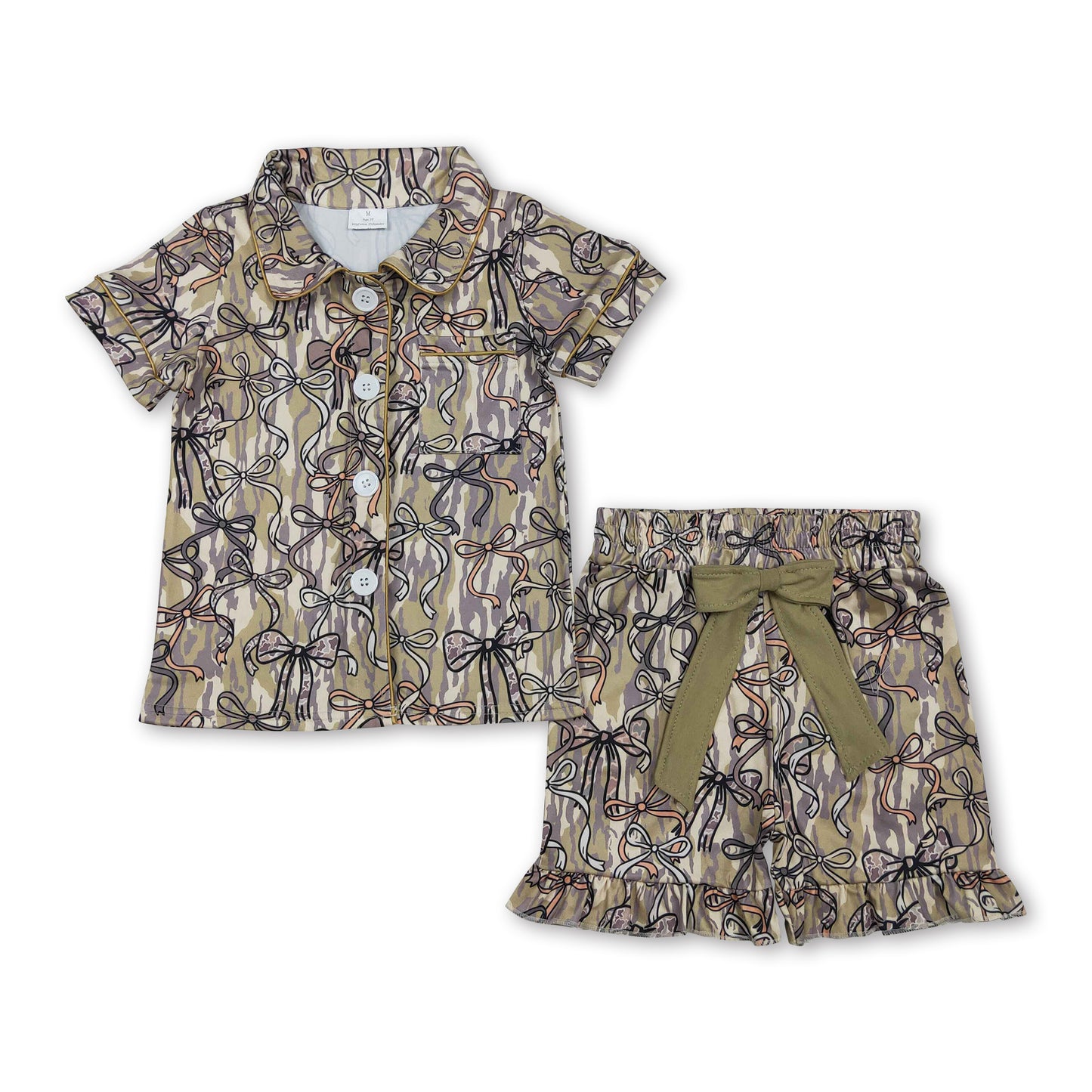 Short sleeves camo bow kids girls button down pajamas
