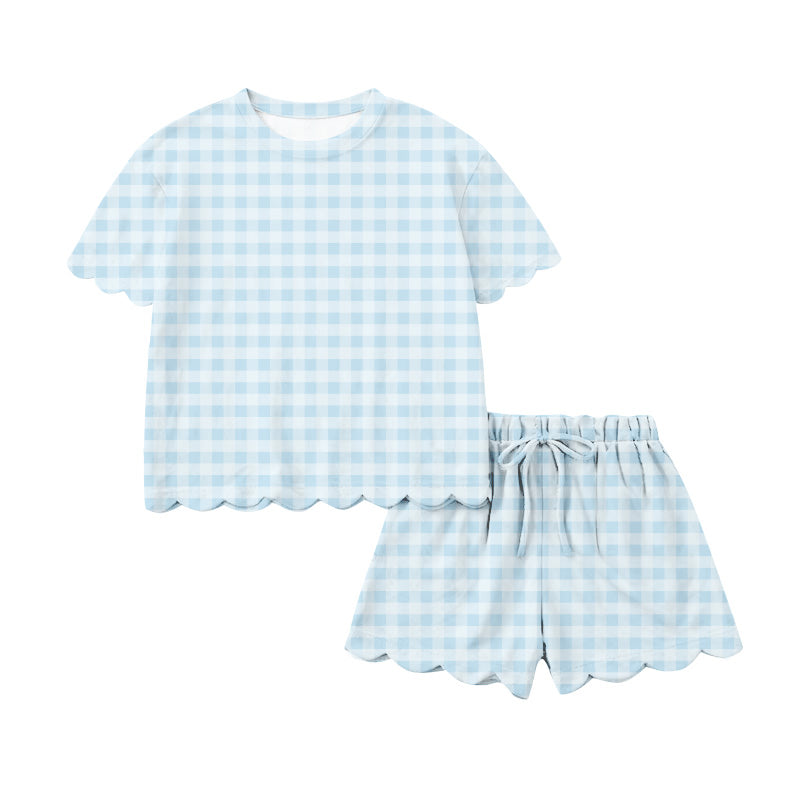 Light blue plaid scallop top shorts women summer outfits