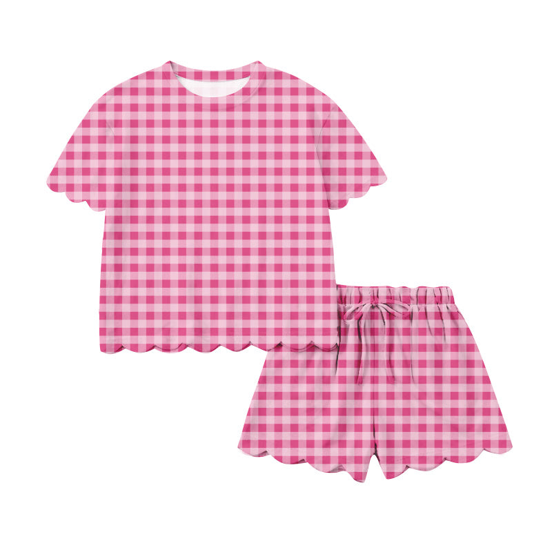 Hot pink plaid scallop top shorts women summer outfits