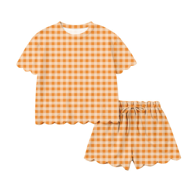 Orange plaid scallop top shorts women summer outfits