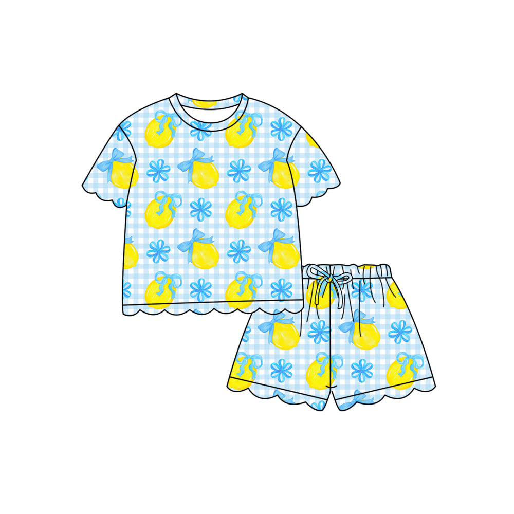 Blue plaid bow lemon scallop top shorts girls summer outfit
